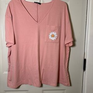 SHEIN Pink V-Neck Tee with Daisy Pocket